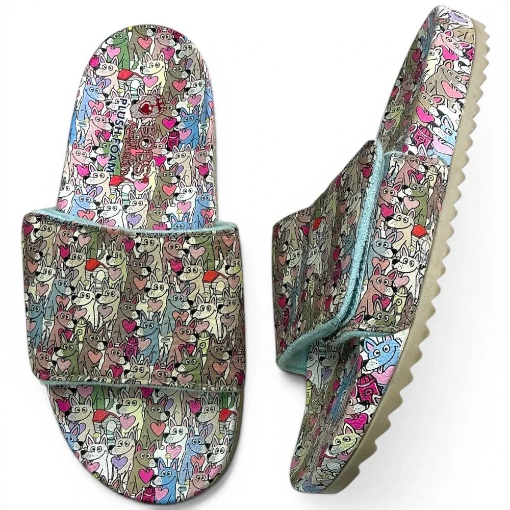 Skechers Multicolor BOBS Dog Print Kids 6 Slides 113735 Plush Foam Sandals